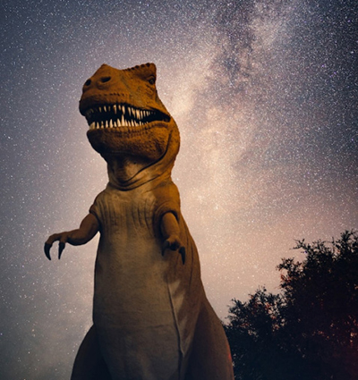 Tyrannosaurus rex walking with starry sky behind